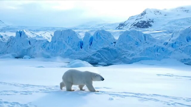 A lone polar bear traversing a snow covered expanse, its powerful stride against the backdrop of an endless frozen wilderness under a soft, diffused light.