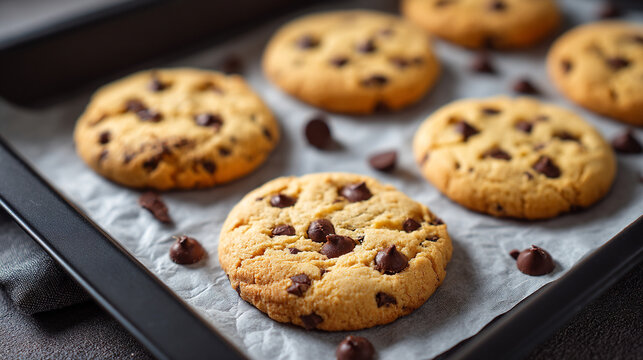A close up view of chocolate chip cookies on a baking sheet with parchment paper on a dark background