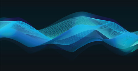 Abstract flowing lines in shades of blue and teal against a dark background, creating a wave-like pattern.