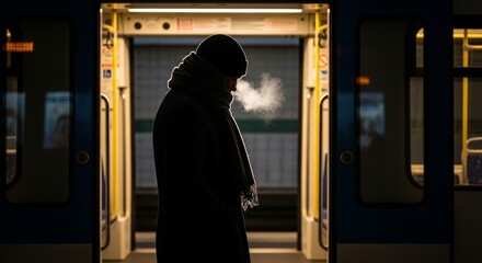 Subway commuter in winter coat captured in moody silhouette against glowing train light, cinematic underground atmosphere reflecting modern city solitude