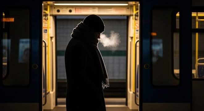 Subway commuter in winter coat captured in moody silhouette against glowing train light, cinematic underground atmosphere reflecting modern city solitude