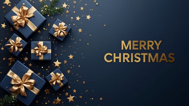 Merry Christmas Luxury Banner - Navy Blue Gold Gift Boxes 3D Elegant Holiday Background 16:9