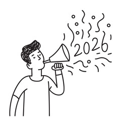 Person blowing a horn releasing confetti marked with 2026