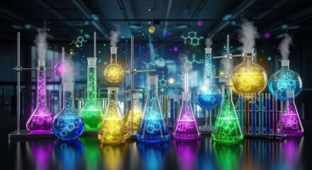 Vibrant science laboratory showcases colorful chemical reactions and molecular structures in glowing flasks, symbolizing discovery and innovation