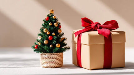 Mini Christmas tree in a woven pot beside a kraft-wrapped gift with a red bow — festive still life.