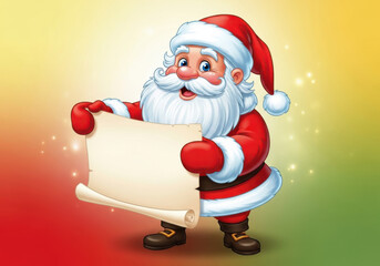 Cartoon santa claus holding a blank scroll with a festive background and sparkling lights, perfect for christmas greetings and holiday messages
