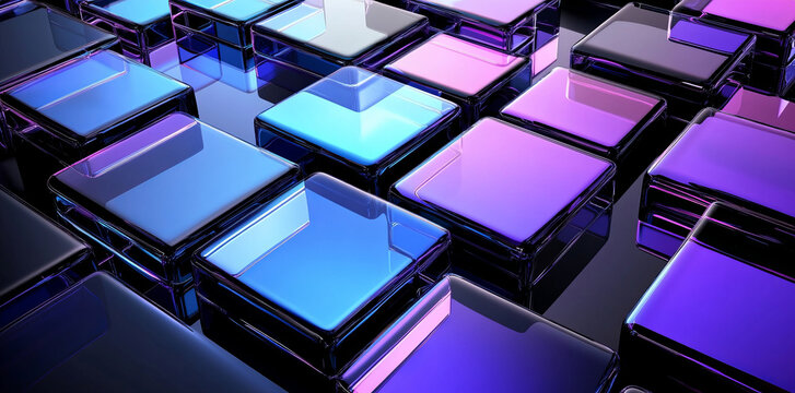  abstract geometric background with blue and purple glass squares on a black background.