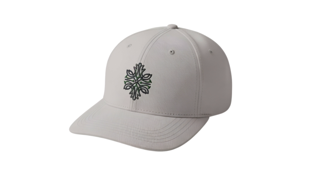 Light gray baseball cap featuring an embroidered symmetrical abstract design against a dark background - Powered by Adobe