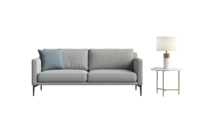 Contemporary light gray sofa and modern side table with illuminated lamp set against a black background