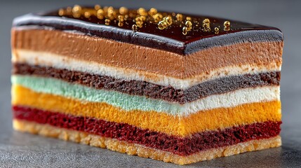 Colorful layered mousse cake with chocolate glaze, gold pearls