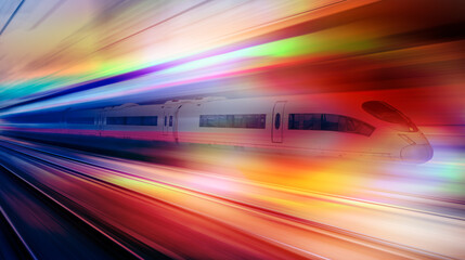 Colorful high speed train runs on rail tracks - The train is going too fast as a result the air...
