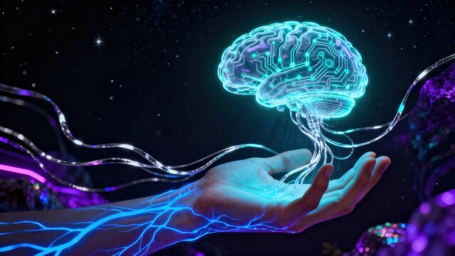 Digital brain concept held by a glowing hand against a cosmic background.