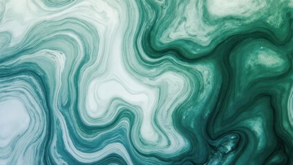 Abstract Swirling Green and White Fluid Marble Texture Background.