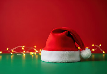 A festive red santa hat with a white fluffy trim and pompom, placed on a green surface with blurred fairy lights