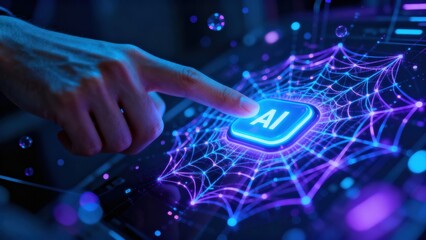 Interactive AI concept with a hand touching a glowing web interface.