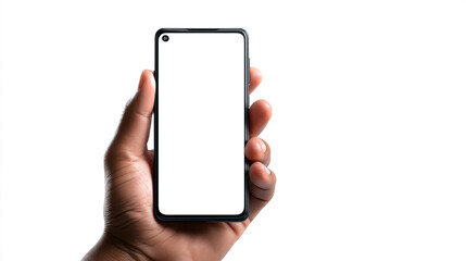 Hand holding a black smartphone with a blank white screen on white background