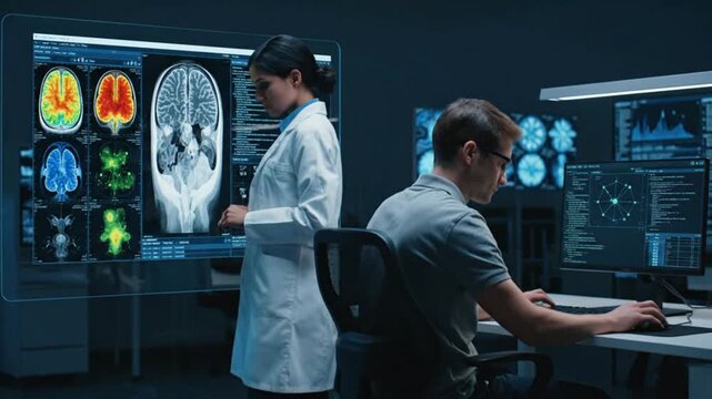 Medical researchers analyze brain scans and complex data in a high-tech lab, advancing neuroscience and healthcare techn...