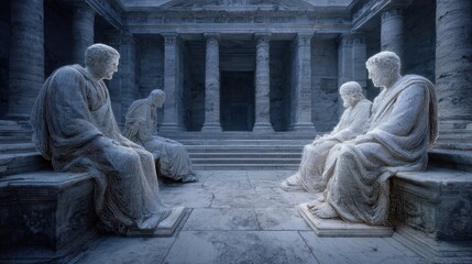 Data Ethics AI Governance: Ancient philosophers debating with AI holograms in marble forum setting