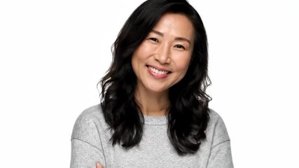 Portrait of a smiling middleaged asian woman with dark hair, wearing a grey sweater, isolated on white background - Powered by Adobe