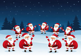 A group of happy santa claus characters dancing and celebrating in a snowy forest at night under a starry sky
