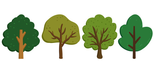 set of cartoon green tree hand drawn illustration nature clipart
