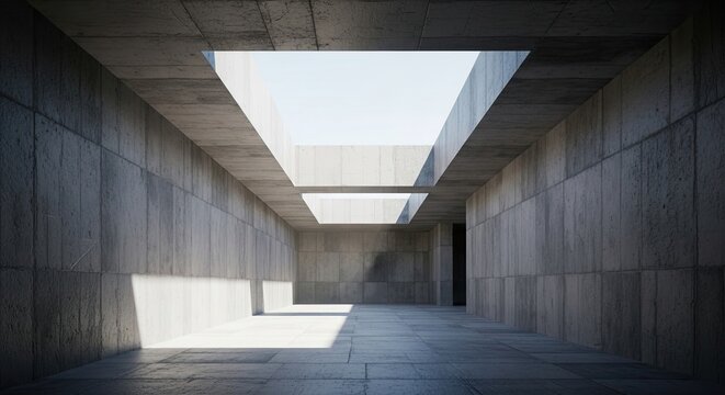 Stunning modern concrete interior with dramatic natural light streaming through geometric skylights, creating an architectural masterpiece perfect for minimalist design inspiration.