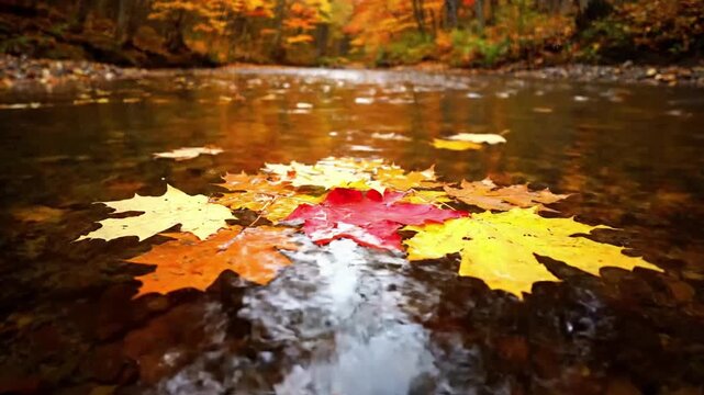 Wide shot of a serene river winding through a pristine forest, with a continuous stream of colorful autumn foliage carried by the gentle current downstream.