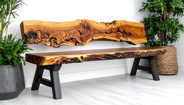 Rustic wooden bench with unique, natural edge backrest and seat. Black legs support the sturdy construction against a white wall. Plants flank each side