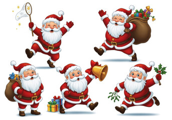 Set of five cheerful santa claus characters in different poses with gifts, a bell, and mistletoe, isolated on a white background