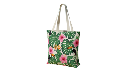 Reusable shopping bag displays vibrant tropical pattern featuring foliage and exotic birds