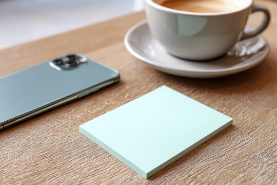 Light Green Sticky Note On Wooden Desk With Coffee Cup And Smartphone - Powered by Adobe
