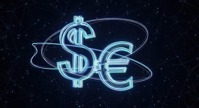 Dynamic neon dollar and euro symbols intertwine in a futuristic digital network, representing global finance and economic exchange. - Powered by Adobe