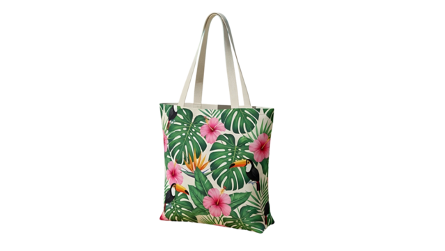 Reusable shopping bag displays vibrant tropical pattern featuring foliage and exotic birds