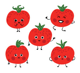 Cute vector tomato characters with different emotions, can be used for brands, packaging, printing, children's products.
