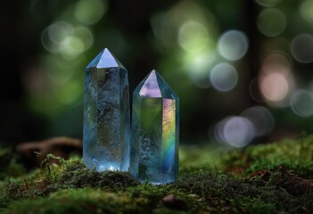 two aquamarine quartz crystal points with rainbow hues within them, sitting on mossy ground in a forest at night, magical and mystical.