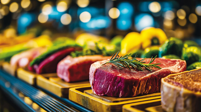 Fresh cuts of raw meat, including beef and pork, neatly displayed on wooden trays in a refrigerated supermarket counter - Powered by Adobe