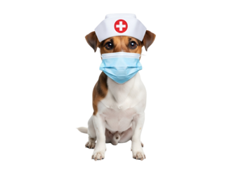 Adorable Jack Russell Terrier dog in a nurse's cap and blue medical face mask, sitting patiently, ready for healthcare, isolated on transparent background.