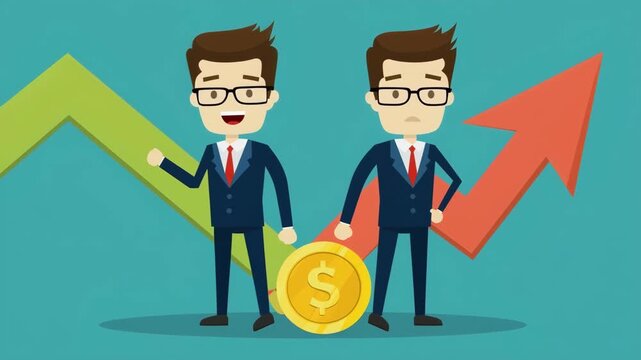Cartoon Business Concept Showing Success and Failure with Arrows and Money Coin