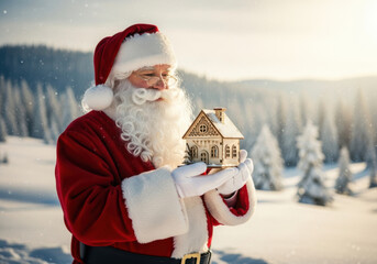 Santa claus holds a miniature house in a snowy winter landscape, symbolizing christmas wishes and dreams of home