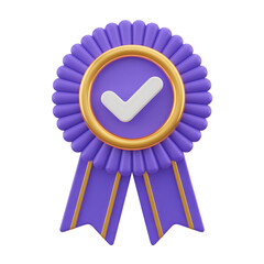 Purple ribbon with gold trim and white check mark signifies approval