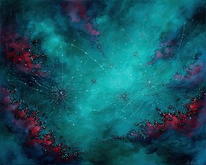 Abstract Space Nebula Painting With Teal Blue Red Colors