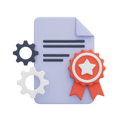 Quality Assurance Document with Gears and Star Symbol on black backdrop