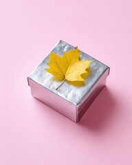 Silver Gift Box With Yellow Autumn Leaf On Pastel Pink Background