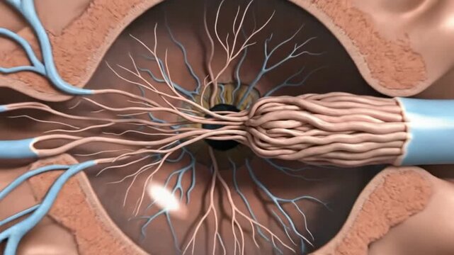 3D render of human eye anatomy showing optic nerve, retina, and blood vessels. Detailed medical illustration.