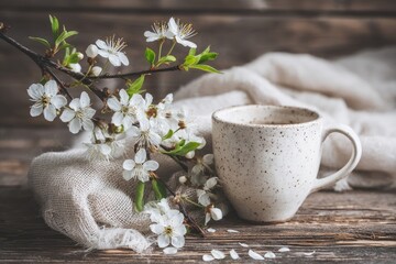 Spring Flowers With Tea Cup On Wooden Table