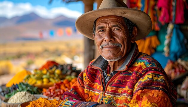 Portrait of an older man, wearing a hat and colorful patterned textile, smiling outside a store. Vibrant fruit and spices are visible