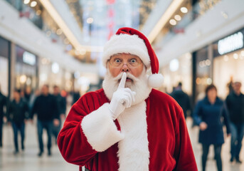 Santa claus making a shushing gesture with his finger to his lips while standing in a shopping mall during christmas season