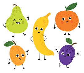 Cute vector fruits (pear, banana, orange, apricot, plum), can be used for brands, packaging, printing, children's products.

