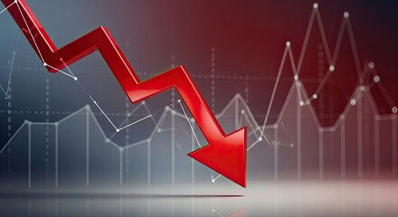 Dramatic red arrow plunging downwards, symbolizing market crash, financial recession, or business failure against a backdrop of fluctuating stock charts and data.