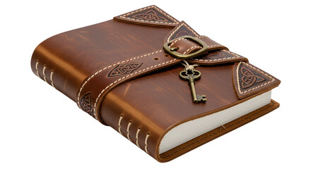 Ornate brown leather bound journal secured with a strap and antique key closure